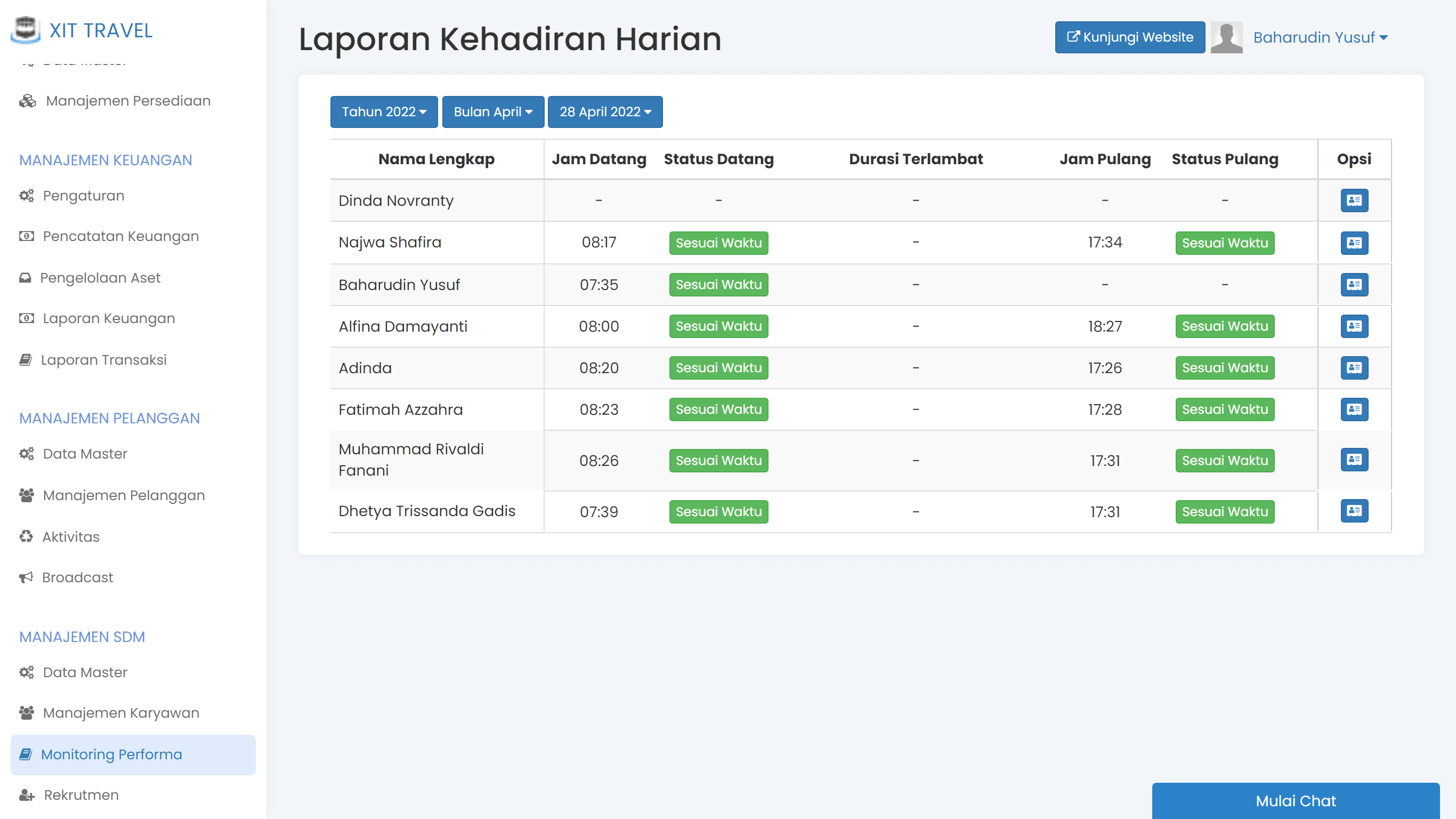 Layar presensi online karyawan di HRIS Erahajj