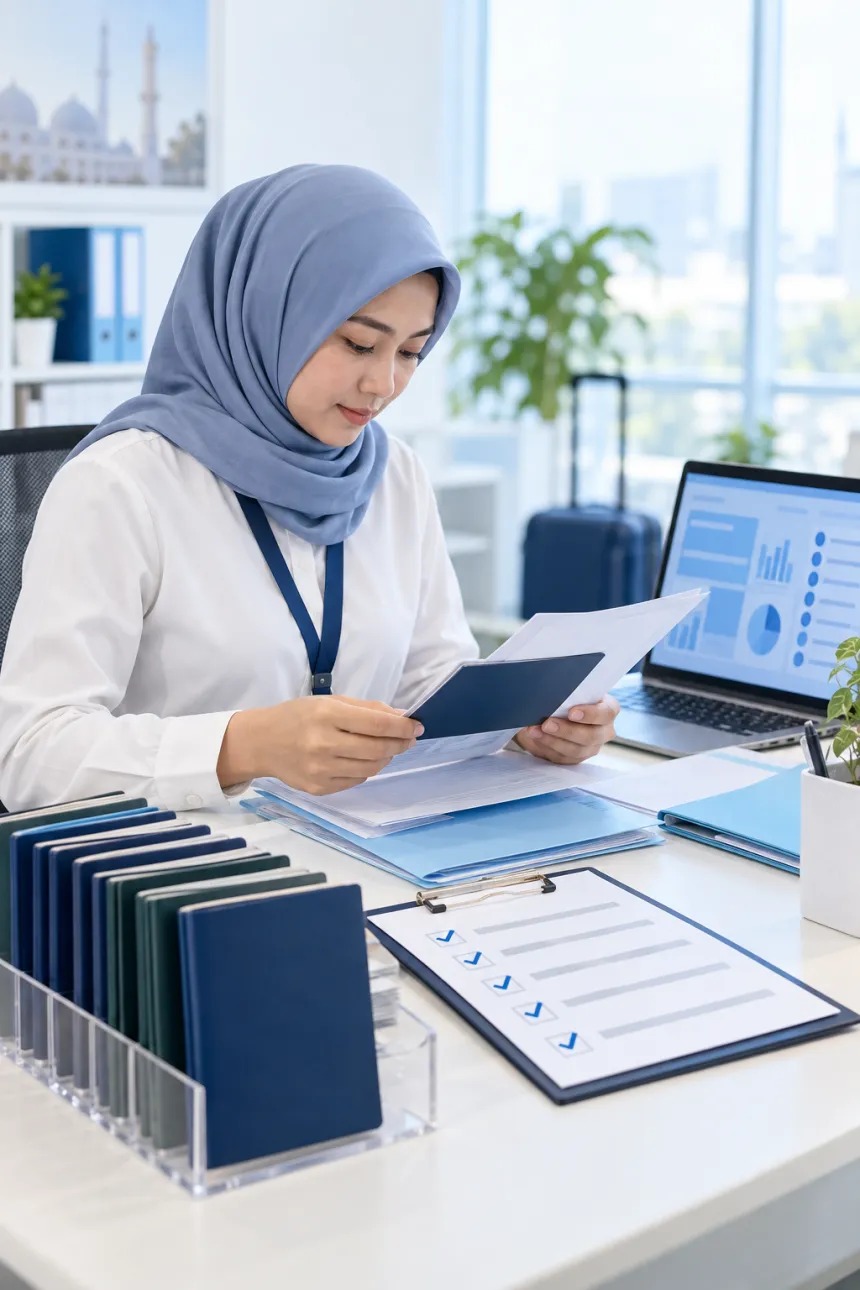 Petugas operasional memeriksa dokumen dan paspor jamaah